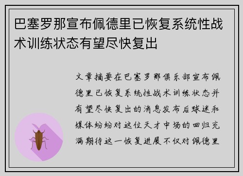 巴塞罗那宣布佩德里已恢复系统性战术训练状态有望尽快复出