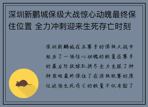 深圳新鹏城保级大战惊心动魄最终保住位置 全力冲刺迎来生死存亡时刻 深圳新鹏城保级大战惊心动魄最终保住位置 全力冲刺迎来生死存亡时刻